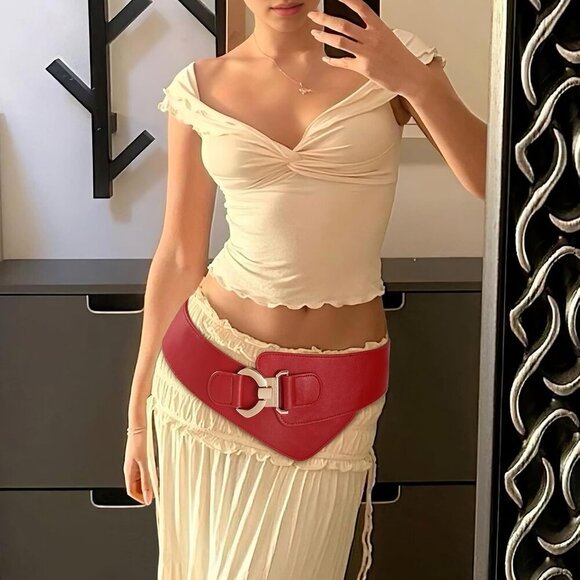 Women\'s Wide Elastic Stretch Waist Belt Adjustable Dress Belt Matte Red Gold main image 5
